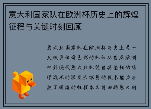 意大利国家队在欧洲杯历史上的辉煌征程与关键时刻回顾
